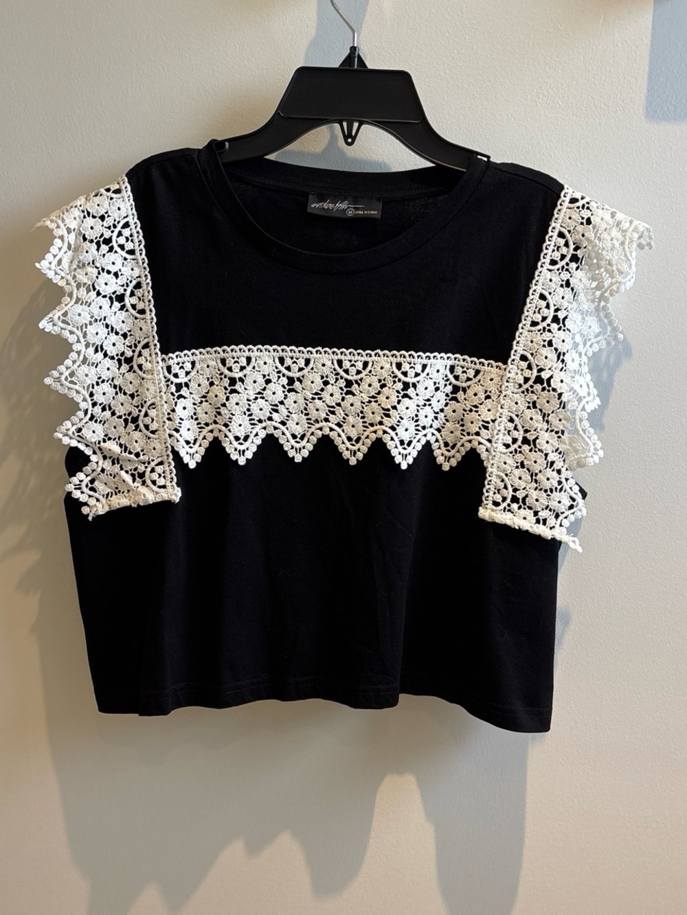 Off Twelfth Black Tee with White Crochet Lace Trim